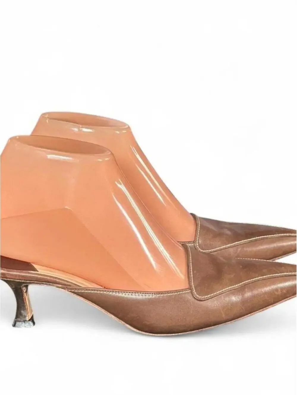 90s Vintage Manolo Blahnik Leather Stitched Pointed Mules | Size 7 US / 37.5 EU